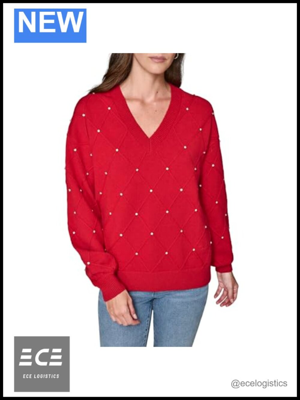 Long Sleeve V-Neck Crystal Detail Pullover Sweater Relaxed Fit